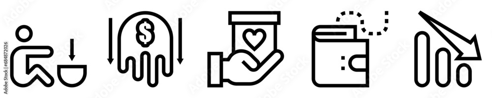 Conjunto de icono de pobreza. Crisis económica, desempleo. Persona desamparada, moneda devaluada, caja de ayuda, billetera vacía, gráfico descendente. Ilustración vectorial Conjunto de icono de pobreza. Crisis económica, desempleo. Persona desamparada, moneda devaluada, caja de ayuda, billetera vacía, gráfico descendente. Ilustración vectorial
