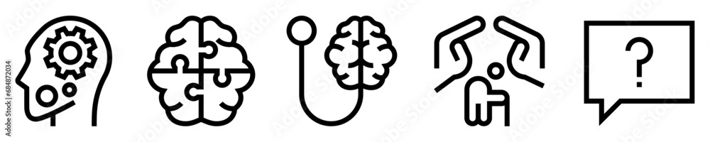 Conjunto de iconos de alzhéimer. demencia cerebral. Cabeza con engranajes, rompecabezas cerebral, estetoscopio, apoyo a anciano, globo de pensamiento con interrogación. Ilustración vectorial Conjunto de iconos de alzhéimer. demencia cerebral. Cabeza con engranajes, rompecabezas cerebral, estetoscopio, apoyo a anciano, globo de pensamiento con interrogación. Ilustración vectorial