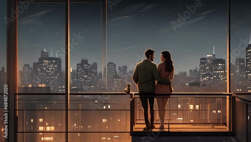 Minimal flat motion of a couple engaging in ual acts on the balcony of their highrise apartment, with the city lights as their backdrop. 2D cartoon animation. . photo
