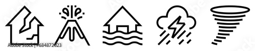 Conjunto de iconos de desastre natural. Catástrofe, daño ambiental. Terremoto, volcán en erupción, inundación, tormenta, tornado. Ilustración vectorial
