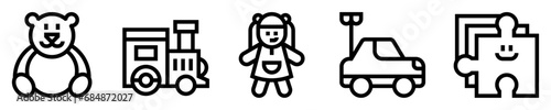 Conjunto de iconos de juguetes. Entretenimiento y diversión infantil. Oso de peluche, tren, muñeca, coche, pieza de rompecabezas. Ilustración vectorial