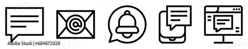 Conjunto de iconos de mensaje. Comunicación e interacción social. Burbuja, correo electrónico, notificación, mensaje de texto, chat en vivo. Ilustración vectorial