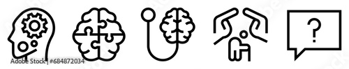 Conjunto de iconos de alzhéimer. demencia cerebral. Cabeza con engranajes, rompecabezas cerebral, estetoscopio, apoyo a anciano, globo de pensamiento con interrogación. Ilustración vectorial