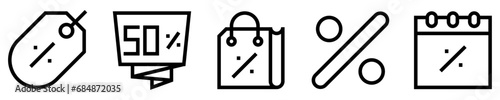 Conjunto de iconos de descuentos y ofertas. Promoción. Etiqueta de descuento, precio rebajado, bolsa de compras, porcentaje, calendario de temporada. Ilustración vectorial