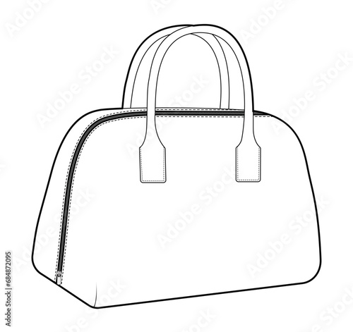 Bowling Tote silhouette bag. Fashion accessory technical illustration. Vector satchel front 3-4 view for Men, women, unisex style, flat handbag CAD mockup sketch outline isolated