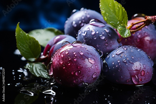 Ripe plums in splashes of water on a dark background. Generative AI.