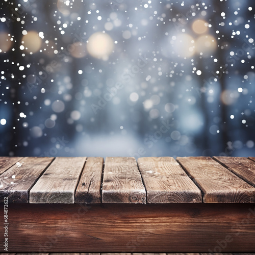 Wooden planks and snow falling at night on blurred Winter Christmas Holidays Background with bokeh
