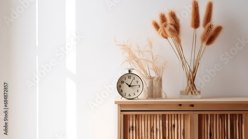 Wooden cabinet with alarm clock, tulip flowers and reed diffuser near white wall. Decor concept. Real estate concept. Art concept. Cabinet concept. Stylist concept. 3d render concept