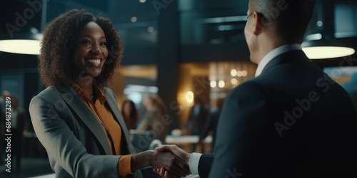 African American businesswoman shaking hands with businessman in meeting office