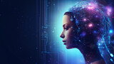 woman creativity and development of artificial intelligence, abstract graphics background copy space