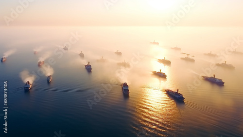 large sea transport ships aero view, caravan, group of several vessels on the roadstead