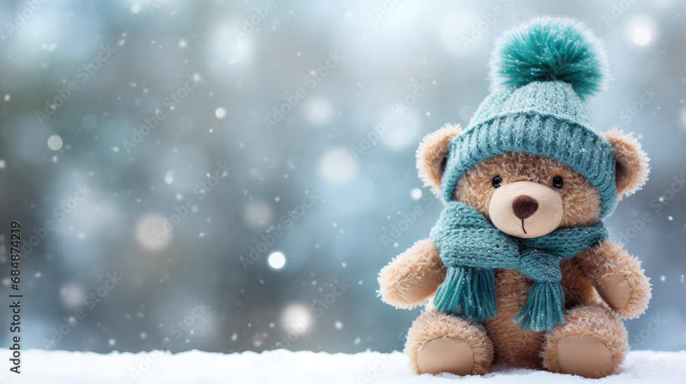 Winter banner with teddy bear wearing a cute scarf and hat. Snowing, Christmas.
