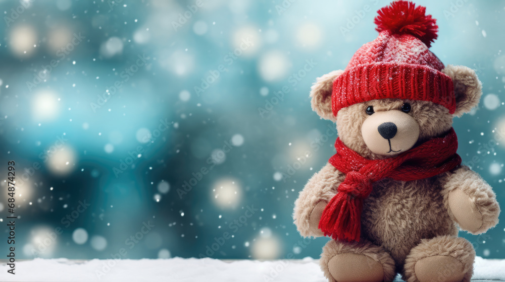 Winter banner with teddy bear wearing a cute scarf and hat. Snowing, Christmas.