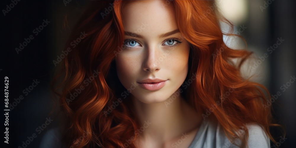 woman with red hair smiling, in the style of flickering light, generative AI woman with red hair smiling, in the style of flickering light, generative AI