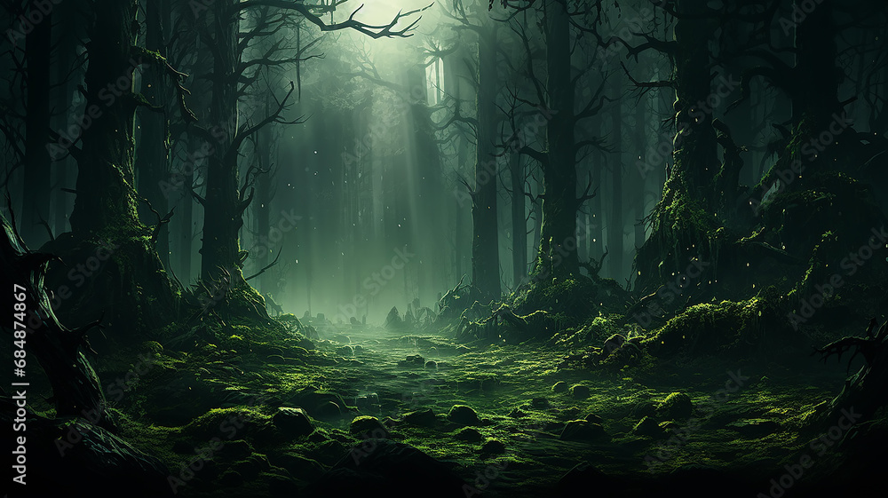 art misty green dense forest, a gloomy dream in the wild thicket of the forest
