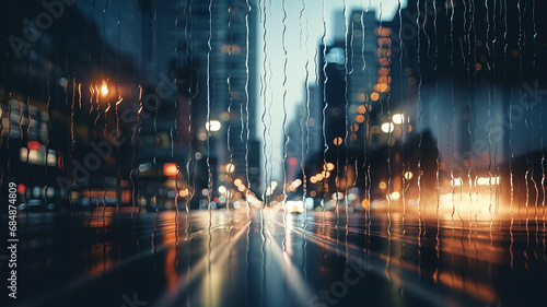 golden lights of a blurred night city, abstract city life background, wet city reflections glare and bokeh