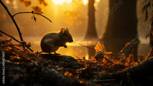 a small gray mouse in the wild against the background of the forest