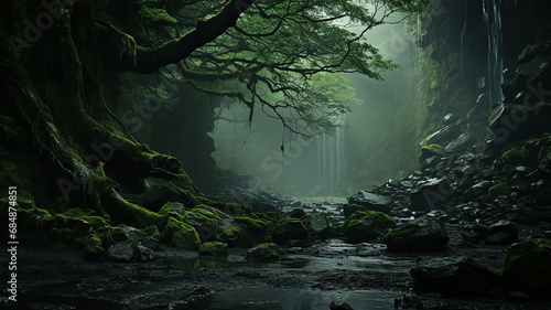 art misty green dense forest, a gloomy dream in the wild thicket of the forest photo
