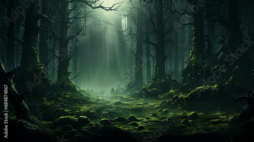 art misty green dense forest  a gloomy dream in the wild thicket of the forest