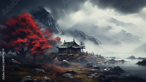landscape a cozy little house in the autumn mountains, a hut in an incredible panorama of nature © kichigin19
