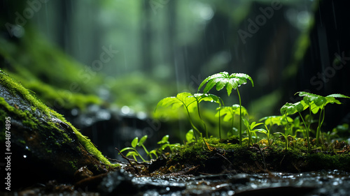 green forest, dew drops and wet rain on young leaves and shoots in the depths of the green forest of the wild photo