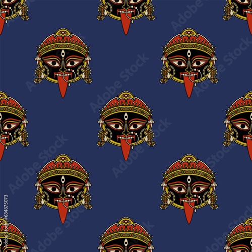 Seamless ethnic pattern with of heads of goddess Kali. Hindu masks. Indian female deity of destruction. On blue background.