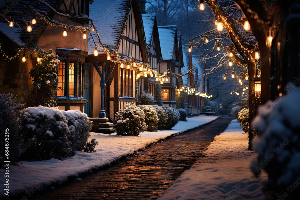 A snow covered street with christmas lights on it created with generative AI technology