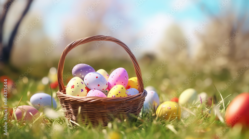 easter eggs in a basket with flowers easter eggs in a basket with flowers