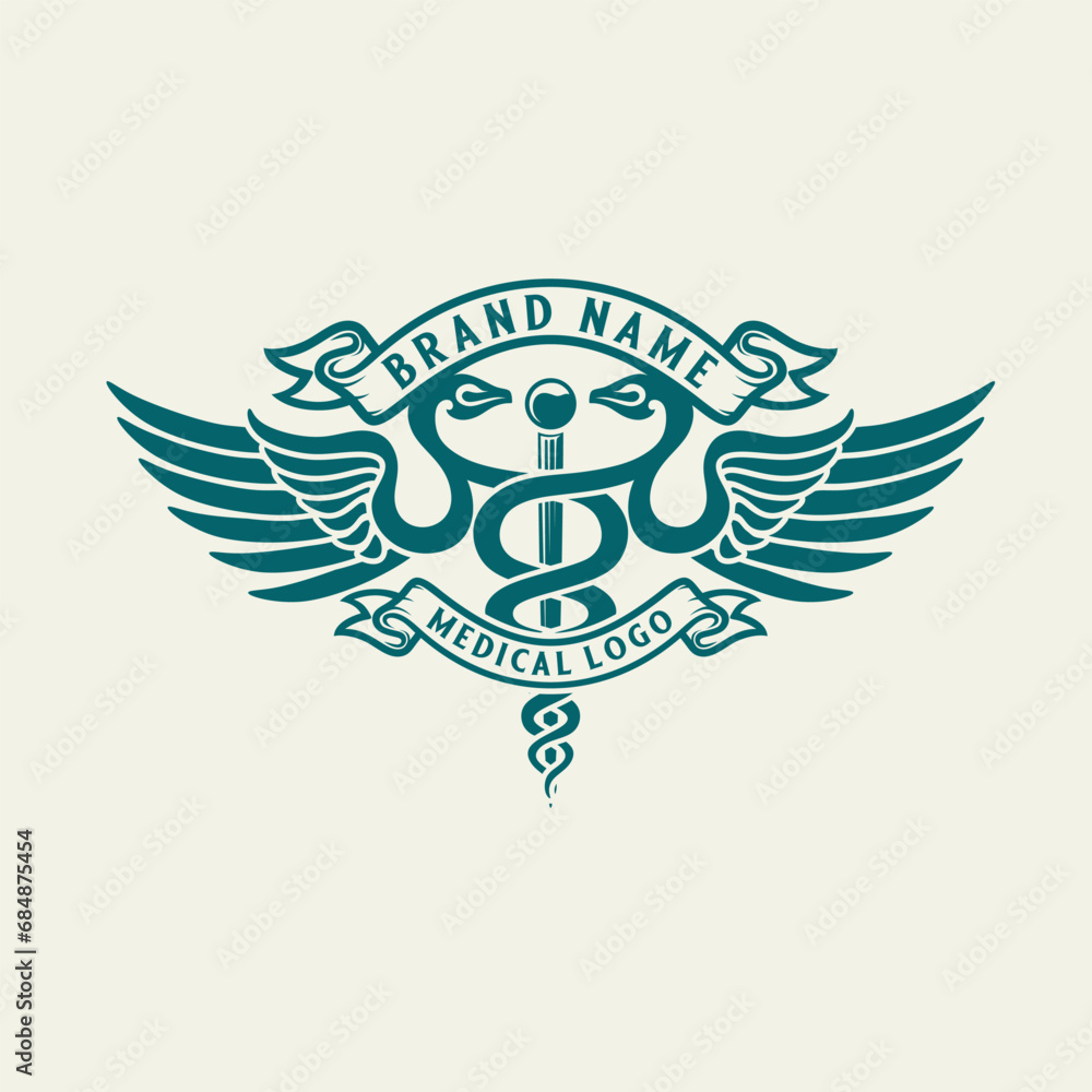 health logo, snake, aesculapius wand with two wings, in the form of a shield, medical design