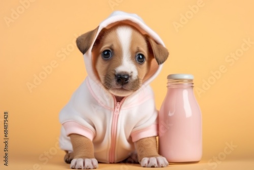 Cute little puppy in baby clothes and milk bottle photo