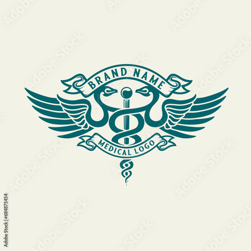 health logo, snake, aesculapius wand with two wings, in the form of a shield, medical design