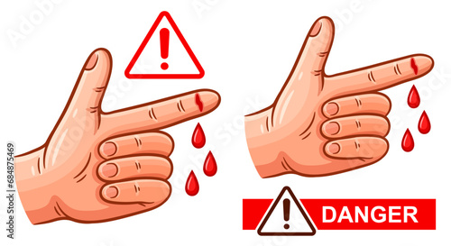 Hand finger cut injury risk warning sign, skin hurt wound with blood drops, unsafe sharp object, equipment icon set. Danger mechanical physical human wrist bleeding body trauma. Health hazard. Vector