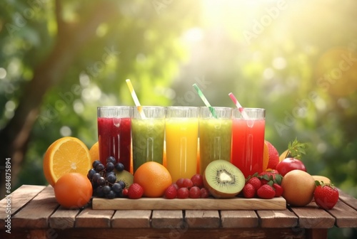 Wallpaper Mural assorted fruit juices on wooden table with garden blur background. generative ai Torontodigital.ca