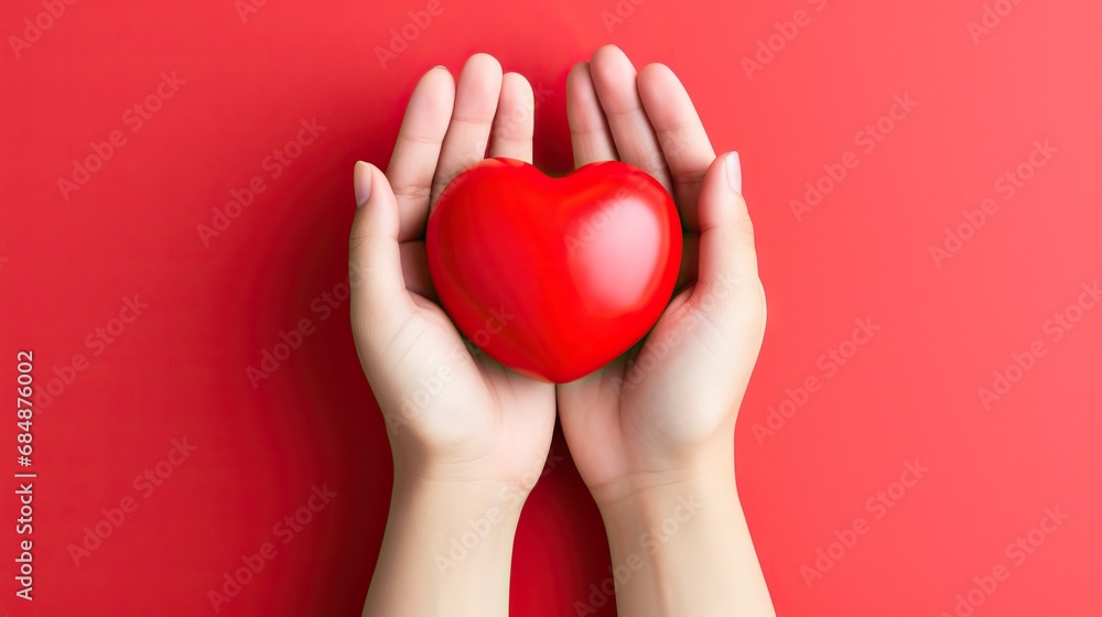 Fototapeta premium Heart held by woman's hands on colorful background. World health day