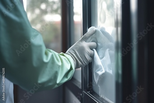 Person wearing glove cleaning window with disinfectant, ensuring a thorough and hygienic cleaning