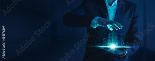 Canvas Print Businessman analysis calculates financial data of growth for long-term investments with digital graph and profitability of companies with positive indicators for development to success