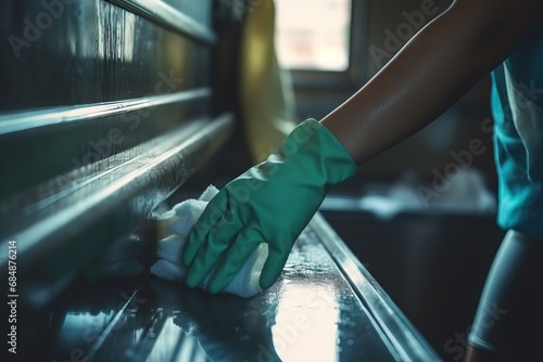 Person wearing glove cleaning window with disinfectant, ensuring a thorough and hygienic cleaning
