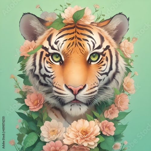 tiger wtih flowers and green branches