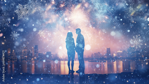 silhouette of a couple in love on the background of Christmas fireworks, abstract blurred background snowflakes winter holiday, newlyweds copy space blank © kichigin19