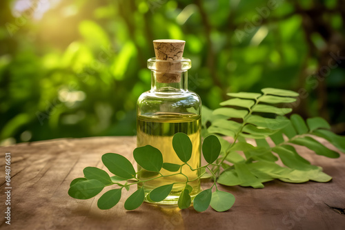 Vial with moringa oil and leaves of the moringa plant on a natural background photo