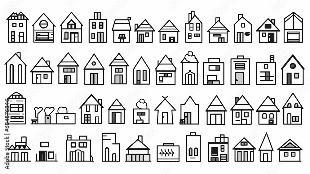collection of icons of small houses isolated on a white background, flat minimalism graphics, set of illustrations of simple houses collection of icons of small houses isolated on a white background, flat minimalism graphics, set of illustrations of simple houses