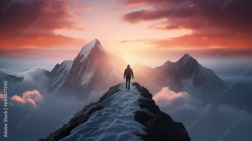 figure of a man on the way to a mountain peak at dawn, against the background of an incredible rocky landscape in dawn colors, the concept of the path to success, achievement in business - obrazy, fototapety, plakaty 