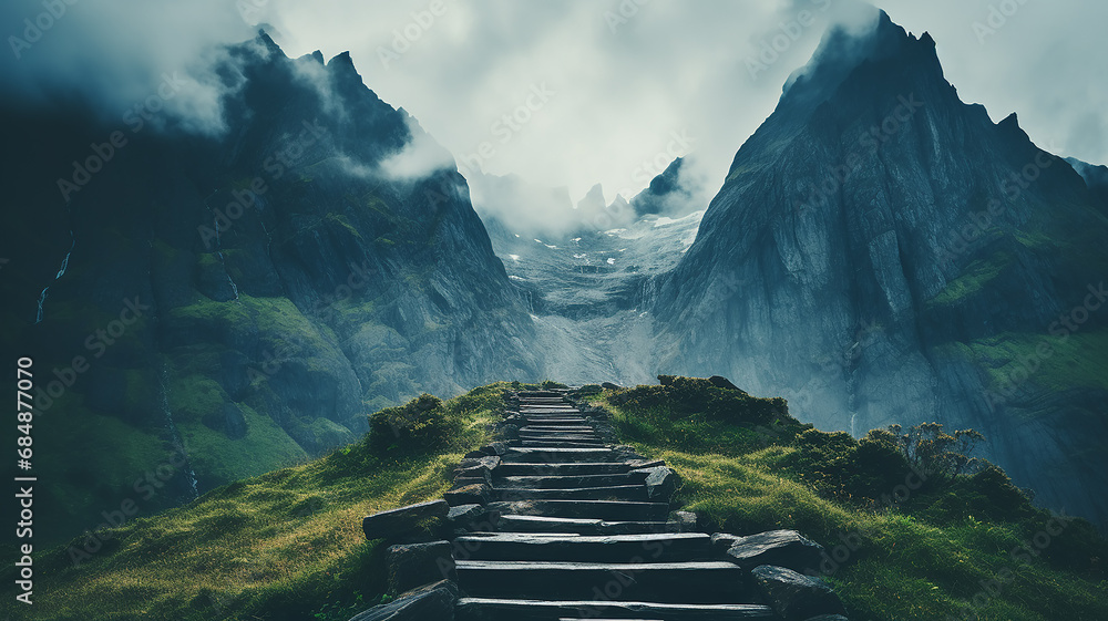 landscape in the mountains, old staircase way to the top of the mountain - obrazy, fototapety, plakaty 