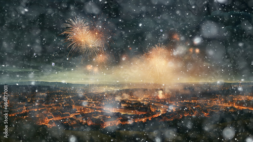 winter fireworks over the city panoramic view of the sky with fireworks flashes, christmas background with snow, winter abstract holiday blank snowfall