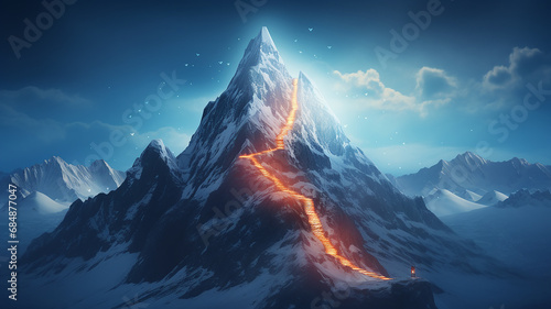 glowing path to the top of the mountain, business success strategy, development and growth concept photo