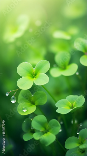 vertical background morning in the forest, fresh trefoil shoots in dew drops, forest sour green nature