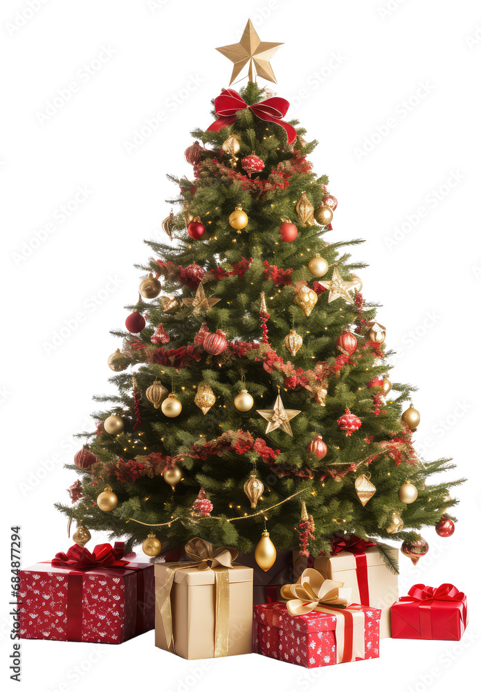 beautiful decorated christmas tree with presents, in the style of photorealistic detail, cozy details and lighting, isolated on white