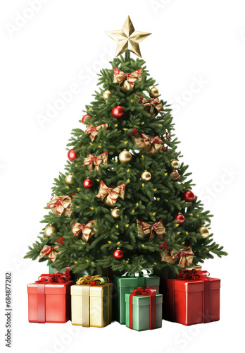 beautiful decorated christmas tree with presents  in the style of photorealistic detail  cozy details and lighting  isolated on white