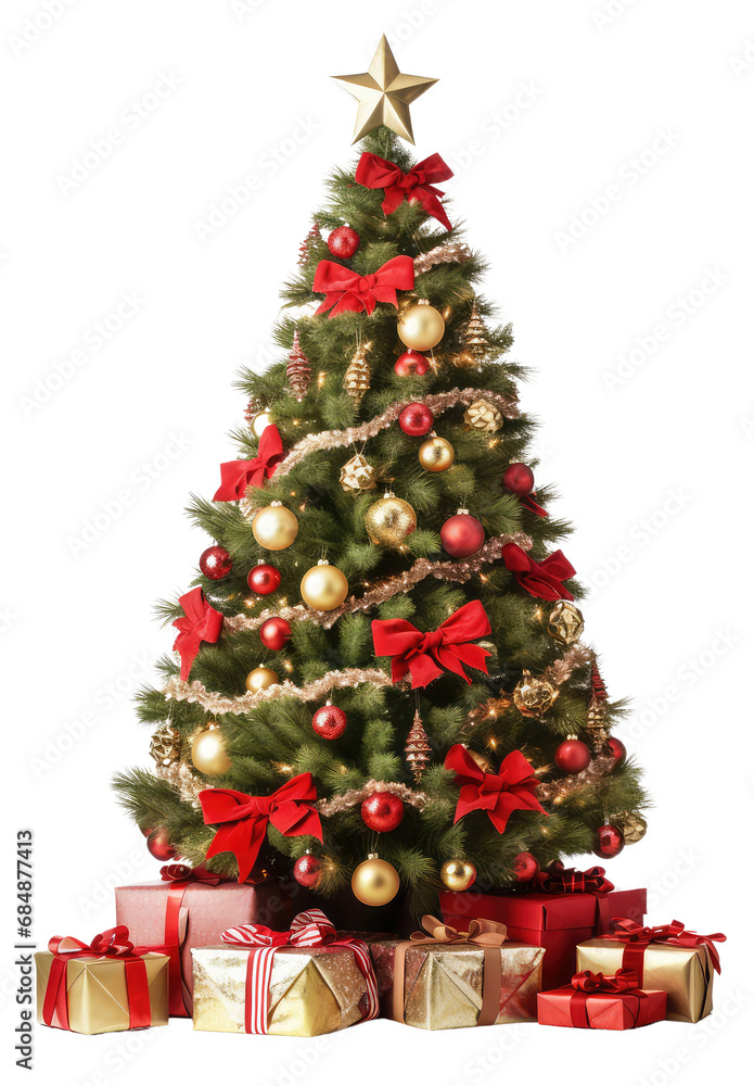 beautiful decorated christmas tree with presents, in the style of photorealistic detail, cozy details and lighting, isolated on white