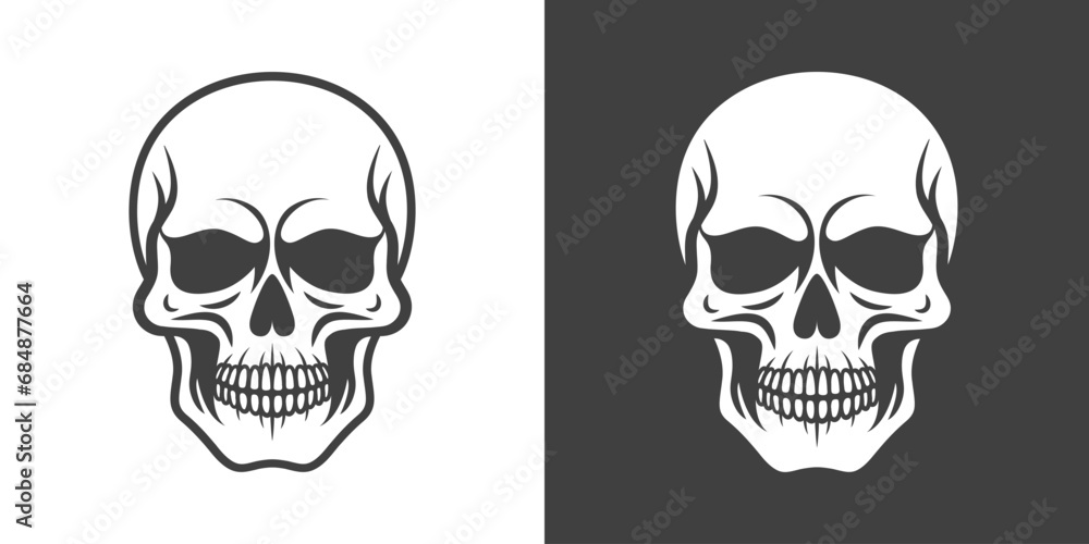 Vector Black and White Skull con Set Isolated. Skulls Collection with Outline, Cut Out Style in Front View. Hand Drawn Skull Head Design Template